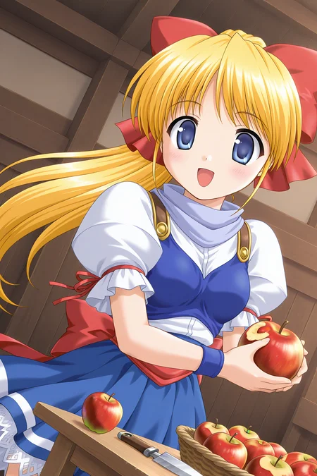 masterpiece, best quality, absurdres, official art, official style, rating general BREAK <lora:leticiaapple_IL_v1-1:0.7>, leticia apple, 1girl, solo, blue eyes, blonde hair, very long hair, high ponytail, small breasts, hair bow, large bow, red bow, casual, light purple scarf, blue tank top, white shirt, puffy short sleeves, red ribbon, arm ribbon, wristband, red sash, back bow, blue skirt, miniskirt, pleated skirt, lace-trimmed skirt, petticoat, apple, knife, basket, open mouth, :d, smile, blush, holding fruit, red apple, bowl, table, dutch angle, indoors, happy, medium breasts, upper body, floating hair