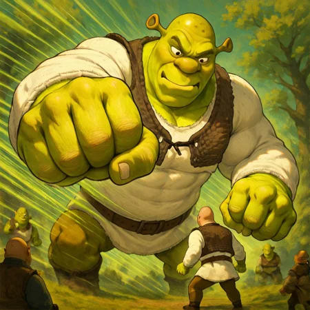 masterpiece, best quality, newest, absurdres, highres, anime, anime style, OPMSP-V1.1, punching, incoming punch, incoming attack, clenched hand, 1boy, shrek, bald, green skin, brown vest, white shirt, brown belt, pants, muscular, battle, size difference, giant,
2boys, multiple boys,
