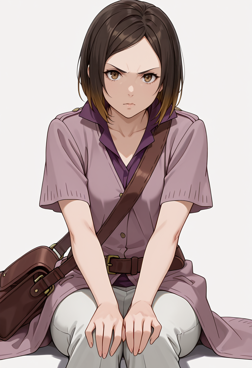 Smooth Quality,masterpiece,very intricate, high quality details, ultra realistic, high detailed skin,detailed enviorement,absurdres,
simple background, white background,solo,
sitting, legs spread, hands on knees, serious face, upright posture,  ,front view,envy,
 <lora:Kirara_Mizutani_cnn:0.8> 1girl, short hair, brown hair, multicolored hair, two-tone hair, brown eyes, at viewer, upper body,shirt, short sleeves, collared shirt, coat, pants, purple shirt,brown belt, shoulder bag,