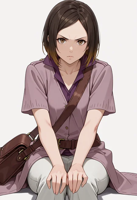 Smooth Quality,masterpiece,very intricate, high quality details, ultra realistic, high detailed skin,detailed enviorement,absurdres,
simple background, white background,solo,
sitting, legs spread, hands on knees, serious face, upright posture, ,front view,envy,
<lora:Kirara_Mizutani_cnn:0.8> 1girl, short hair, brown hair, multicolored hair, two-tone hair, brown eyes, at viewer, upper body,shirt, short sleeves, collared shirt, coat, pants, purple shirt,brown belt, shoulder bag,