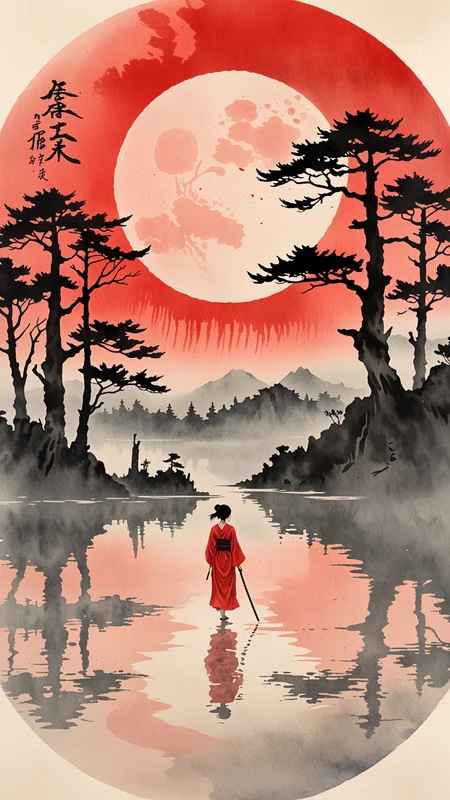 Watercolour paint effect, on partchment, red moon, Lake, japanese writing, ripples, sky, trees, reflection, mist, woman, <lora:Paint_Effects_SDXL_-_By_DICE:1>, Watercolour Paint Effect