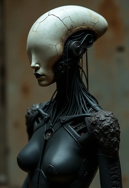 Create a hyper-detailed, cinematic portrait of a futuristic humanoid figure, combining elements of an alien cyborg and a sculpture. The figure stands upright, its humanoid form appearing simultaneously mechanical and organic. The head is smooth and mask-like, resembling a stone sculpture with subtle cracks, giving the impression of age or wear. Black tendrils and cables creep around the neck, intertwining with metallic components, suggesting a fusion between organic matter and advanced technology. The face is expressionless, with a haunting, minimalist appearance that exudes mystery and power.
The cyborg’s body is matte black, with exposed mechanical joints and rough, worn textures, further emphasizing the contrast between flesh and machine. The atmosphere should be dim and gritty, with warm, muted lighting casting soft shadows across the figure, highlighting the textures of the metallic and organic elements.
Key Details to Include:
Focus on the figure’s sleek yet eerie face, resembling a smooth, cracked stone mask, blending ancient and futuristic design.
Black cables and tendrils emerging from the neck, fusing with metallic components in a subtle yet intricate way.
A dim, dystopian background with a warm, industrial tone—soft lighting highlights the textures of the figure, creating an enigmatic and dramatic atmosphere.
The figure’s structure should balance between organic and robotic, blending elements of cyberpunk with eerie surrealism.