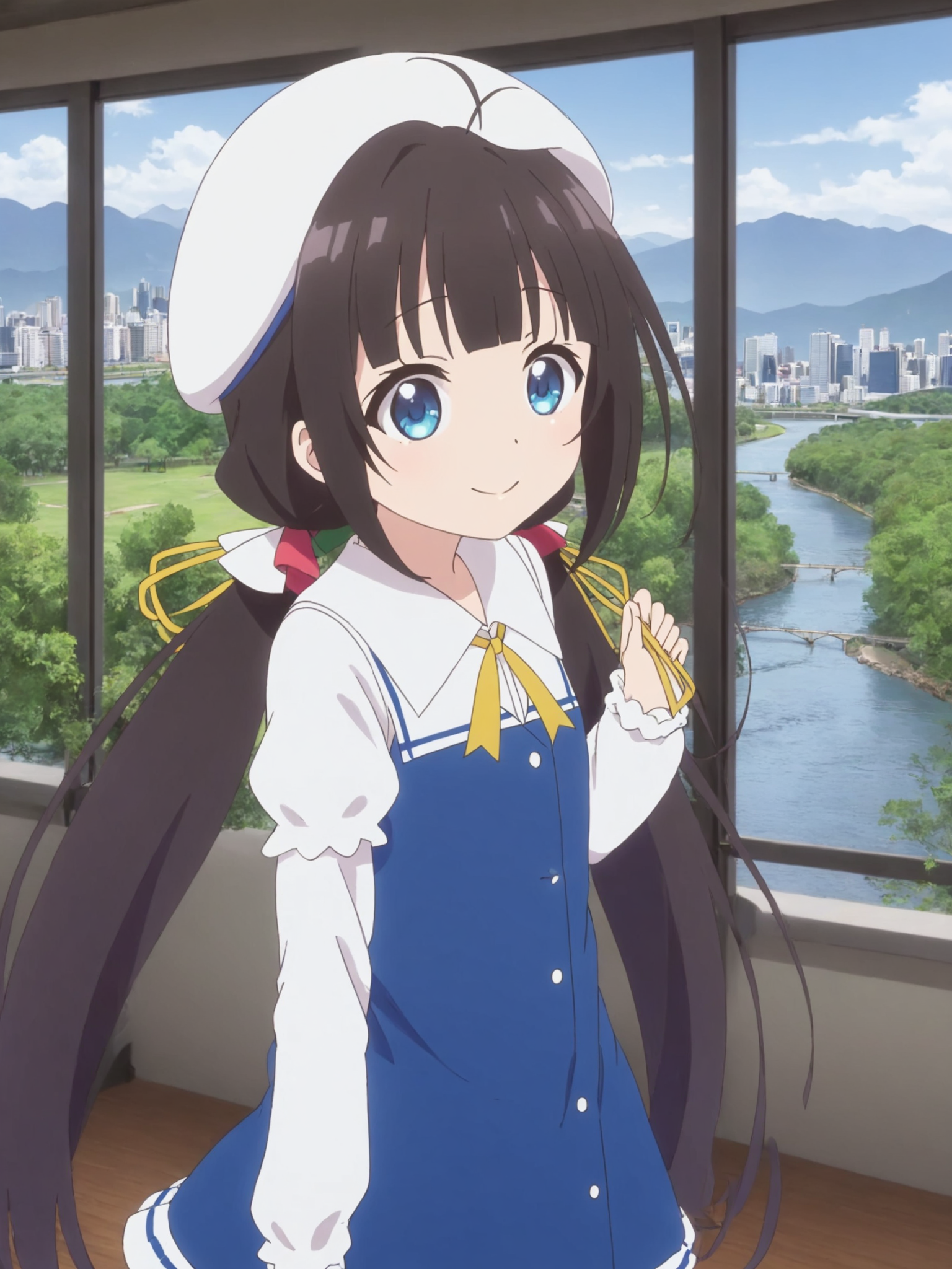 1girl,blue eyes,looking at viewer,black hair,hair ribbon,hinatsuru ai,indoors,looking at viewer,low twintails,school_uniform_dress,solo,white short over long sleeves,white sleeves,yellow ribbon,ahoge,park,skyline,river,mountain,smile,white beret,<lora:Hinatsuru ai[winter]-SDXL-lora-2024.10.20-version1-000033:0.45>,