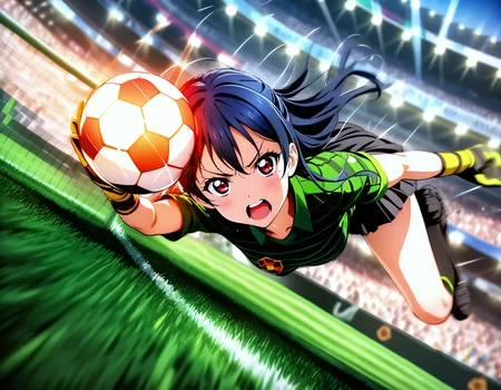 masterpiece, best quality, ultra detailed, highres,4k,(ultra-detailed:1.4) (illustration:0.5), (ray tracing,:0.8),(anime colored:0.7),(ai-generated:0.5),
1girl,solo,
sonoda umi, love live!,
casual wear,skirt,
serious,
shouting,
<lora:captaintsubasakeeperXL2:0.8>,captaintsubasakeeper,
soccer ball, ball,gloves,holding ball,net, fence,goalkeeper,
action,looking at viewer,pitching,
dutch angle,from above,solo focus,depth of field, audience, lens flare,
light rays,motion blur, blurry background,
emphasis lines,speed lines, soccer field,motion blur,motion lines, aura,
jumping,upside-down,