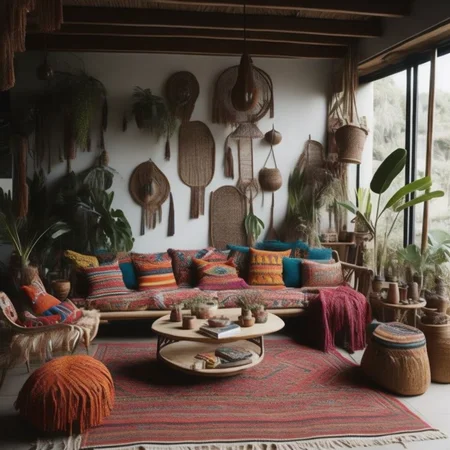 <lyco:Boho_style_interior_design_Sa_May:1.0> Boho style living room