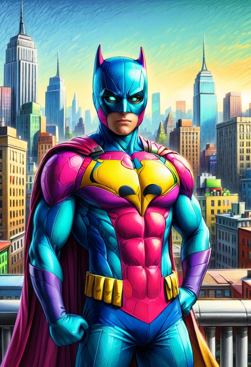 cr4y0n, colorful, superhero, standing with hands on hips, city in background <lora:Colorful_Crayons:1>