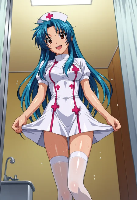 score_9, score_8_up, score_7_up, source_anime,
BREAK
1girl, solo,
<lora:shiChidoriV1:1>,
shikanamerng, brown eyes,
long hair, blue hair,
nurse cap, nurse, white dress, white thighhighs, shiny skin, shiny clothes,
looking at viewer, smile, open mouth, wet,