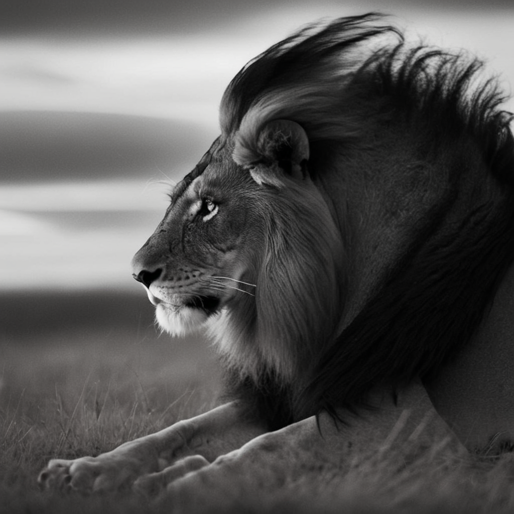 a (black and white:1.5) photo of a majestic lion lying in the savannah at dusk, cloudy sky, dramatic lights, wind blowing on his furry mane, shallow depth of field, blurred background, extreme details, intricate details, 8k, 35mm photo, photorealism, realistic photo, national geographic style, masterpiece