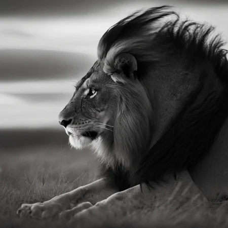 a (black and white:1.5) photo of a majestic lion lying in the savannah at dusk, cloudy sky, dramatic lights, wind blowing on his furry mane, shallow depth of field, blurred background, extreme details, intricate details, 8k, 35mm photo, photorealism, realistic photo, national geographic style, masterpiece