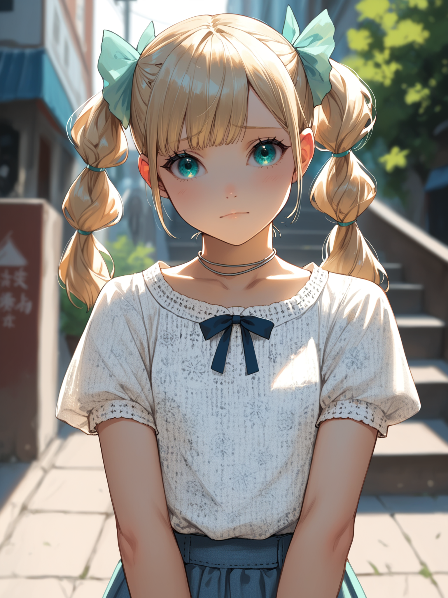 <lora:happy_tentacle-ibaramegumu-v0.1-000010:1>, ht_ibaramegumu, hair bow, (necklace:0.7), blonde hair, aqua eyes , shy, outdoors, building, stairs cowboy shot, 1girl, (petite:1.2), solo focus, (looking at viewer:1.1), sidelighting, (depth of field:0.8), , [(realistic, photorealistic:1.1):(realistic:1.3):22], [(3d:1.2)::10], <lora:LUUNA's Lunas-NijiJourney-SDXL-B2:0.5>, nijijourney, <lora:prgfrg23's Counterfeit-V3.0 Style SDXL_LoRA_Pony Diffusion V6 XL:0.3> <lora:Shed_The_Skin's StS_age_slider_v1_initial_release:-1>, score_9, score_8_up, score_7_up, score_6_up, score_5_up, score_4_up