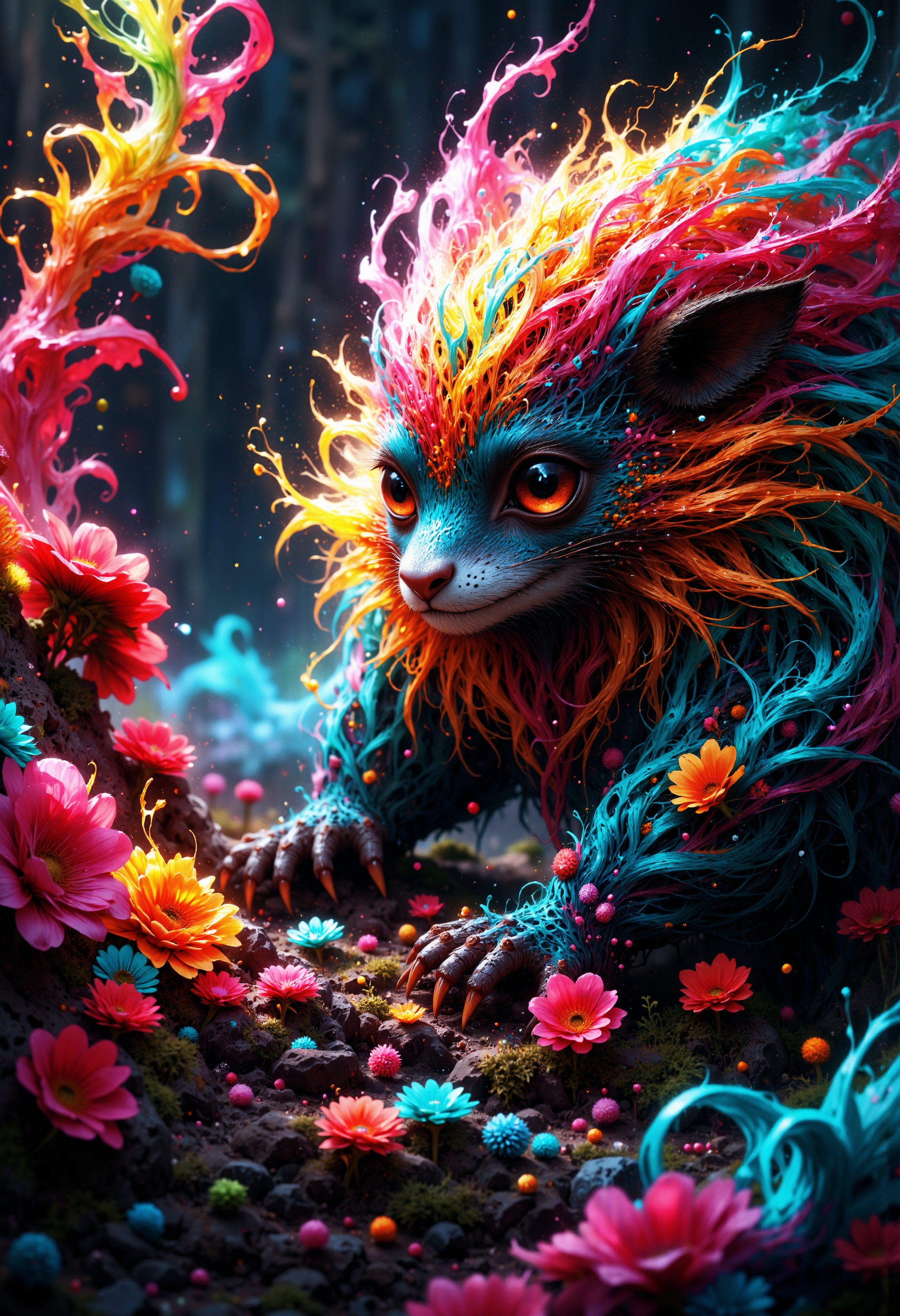 Closeup shot of a very cute creature, big eyes, long rainbow colored fur, a top angle shot.
Dry and clean long fur moving with the wind.
Cinematic style, Realism, Photorealism, Chiaroscuro, High quality, perfection style, super closeup. (photography, high-resolution, dynamic, energetic,hyper-realistic, dramatic lighting, A rainbow on the background. Flowers, candies and colorful smoke.