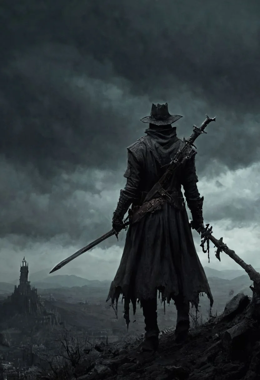 score_9, score_8_up, score_7_up, grimdark, under an apocalyptic sky, a warrior of darkness standing atop a barren hill, a blissful nightmare or a bad dream, solo male, masterpiece, realistic, best quality, ral-chrosc-bw, Bloodborne, Style-Volumetric, CS-RBW