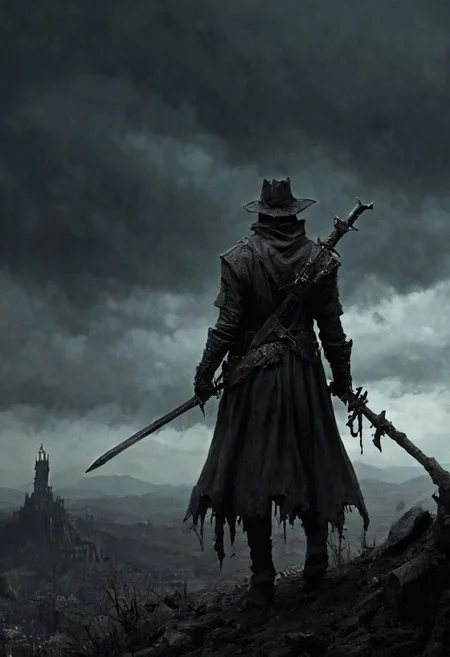 score_9, score_8_up, score_7_up, grimdark, under an apocalyptic sky, a warrior of darkness standing atop a barren hill, a blissful nightmare or a bad dream, solo male, masterpiece, realistic, best quality, ral-chrosc-bw, Bloodborne, Style-Volumetric, CS-RBW