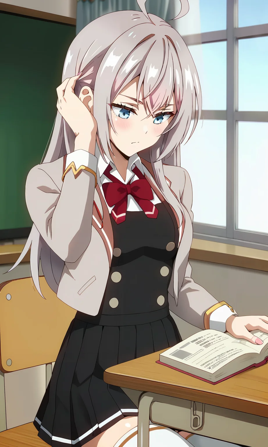 score_9, score_8_up, score_7_up, source_anime, zPDXL2, 1girl, hara \(harayutaka\) BREAK
<lora:alisa_mikhailovna:1> alisa_wz, grey hair, ahoge, long hair, sidelocks, blue eyes, breasts, hair ribbon, school uniform, collared shirt, white shirt, red bowtie, grey jacket, long sleeves, black skirt, miniskirt, pleated skirt, crossed bangs, open jacket, white thighhighs, zettai ryouiki, buttons, double-breasted, pinafore dress, black dress BREAK
sitting, classroom, school chair, school desk, looking down, book, reading, adjusting hair, window, curtain, upper body,