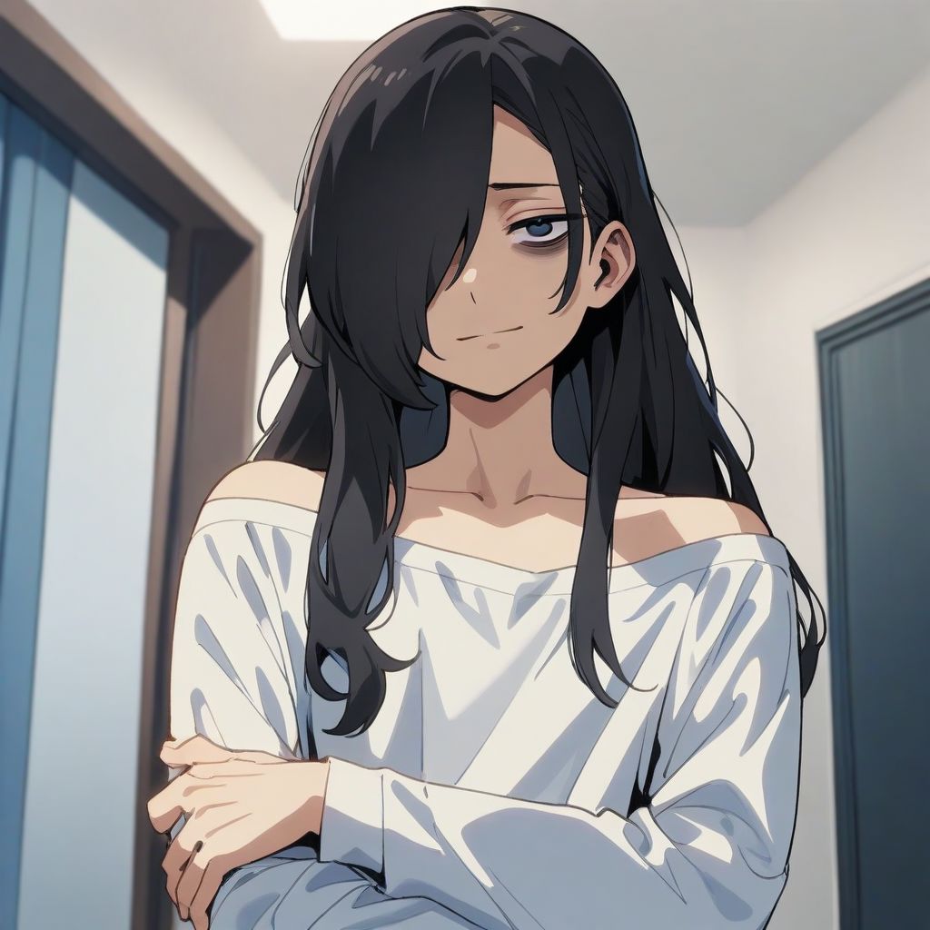 masterpiece, best quality, aesthetic, high quality, solo, 1boy, male focus, long hair, black hair,  blue eyes, hair over one eye, disheveled hair, off-shoulder, white shirt, collarbone, long sleeves, tired, bags under eyes, looking at viewer, hand on own arm, hand on arm, indoors, slight smile