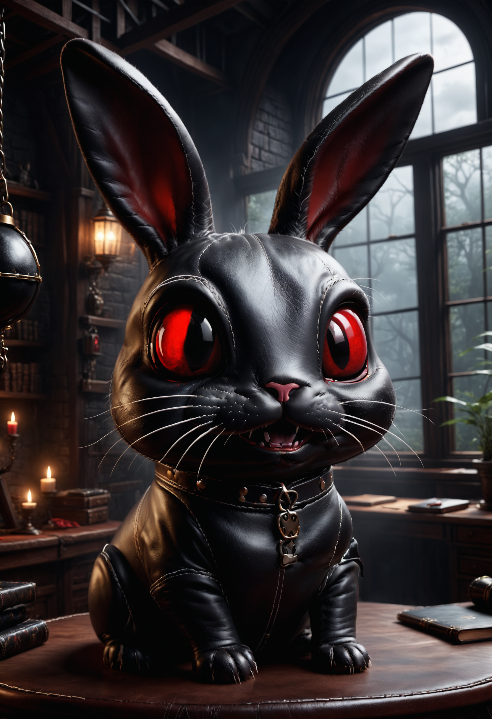 <lora:dvr-lthr:1> dvr-lthr, hyper realistic, dark atmosphere, surreal mood, evil derpy bunny plotting to take over the world, evil smile, red eyes, trending on artstation, high quality, 4k