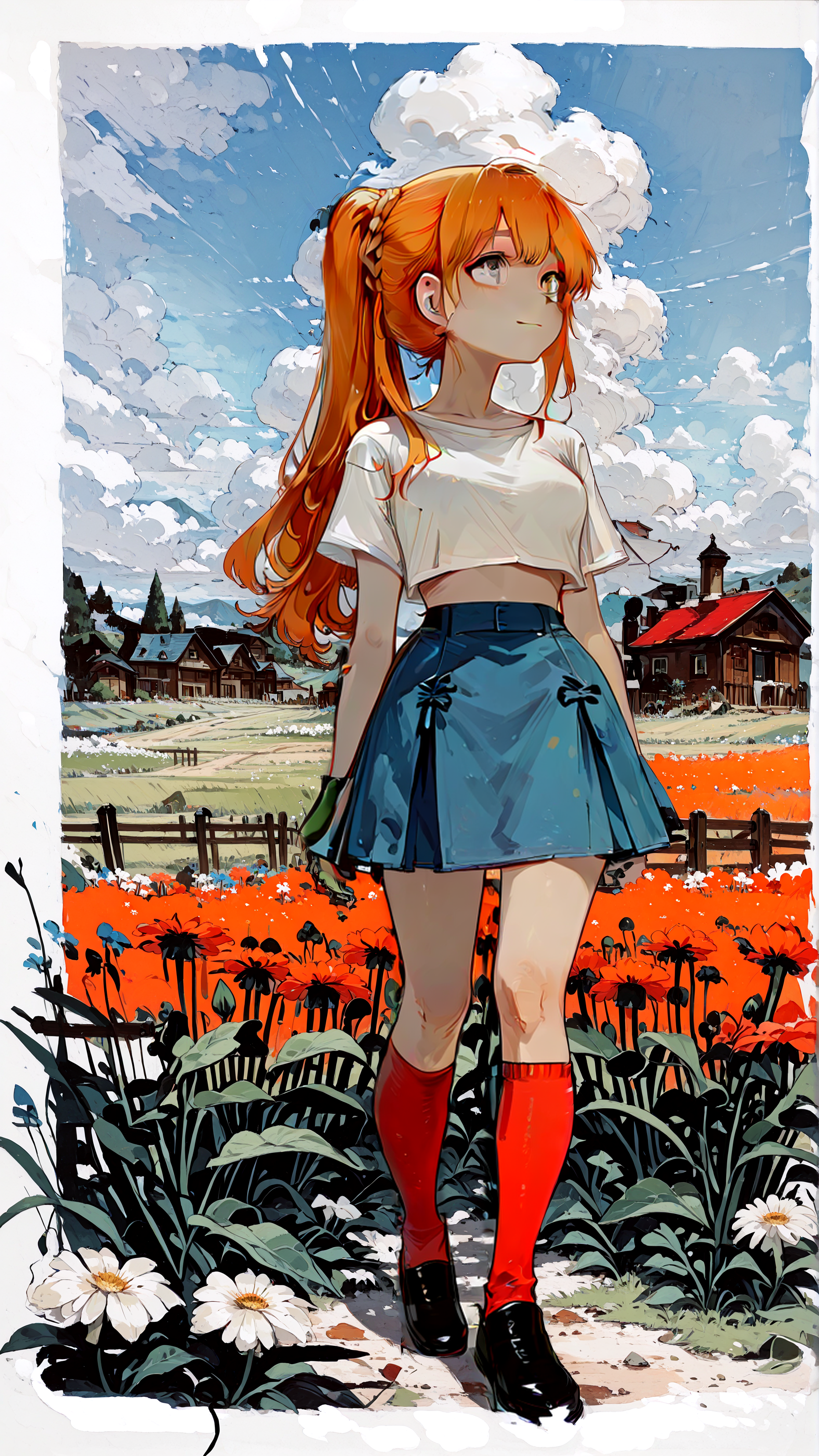 masterpiece, newest,absurdres,incredibly absurdres, best quality, amazing quality, very aesthetic, simple white background,
1girl, orange hair, long hair, very long ponytail, high side ponytail, braided bun, bangs pinned back,  cropped shirt, blue skirt, miniskirt, old house,  looking ahead, light smile, field, fence, flower, cloud, striped kneehighs, red kneehighs, green kneehighs, 
<lora:Forest_Decay_Style_ichi_sk:1>   <lora:YB_IL_1624591:1> yb,  <lora:ka_marukogedago:1> k4_illu, abstract, traditional media, scan, blending, painting \(medium\), oil painting \(medium\)
