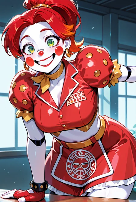 <lora:ilglambab-10:1> glambab, white skin, red hair, ponytail, wide smile, earrings, short puffy sleeves, red fingerless gloves, red dress, red lips, green eyes,, red nose, ((dynamic pose)), midriff window,, ((animatronic, faceplates, line on face)),, score_9, score_8_up, score_7_up, masterpiece, best quality, masterpiece, best quality, amazing quality, very aesthetic, absurdres, newest,