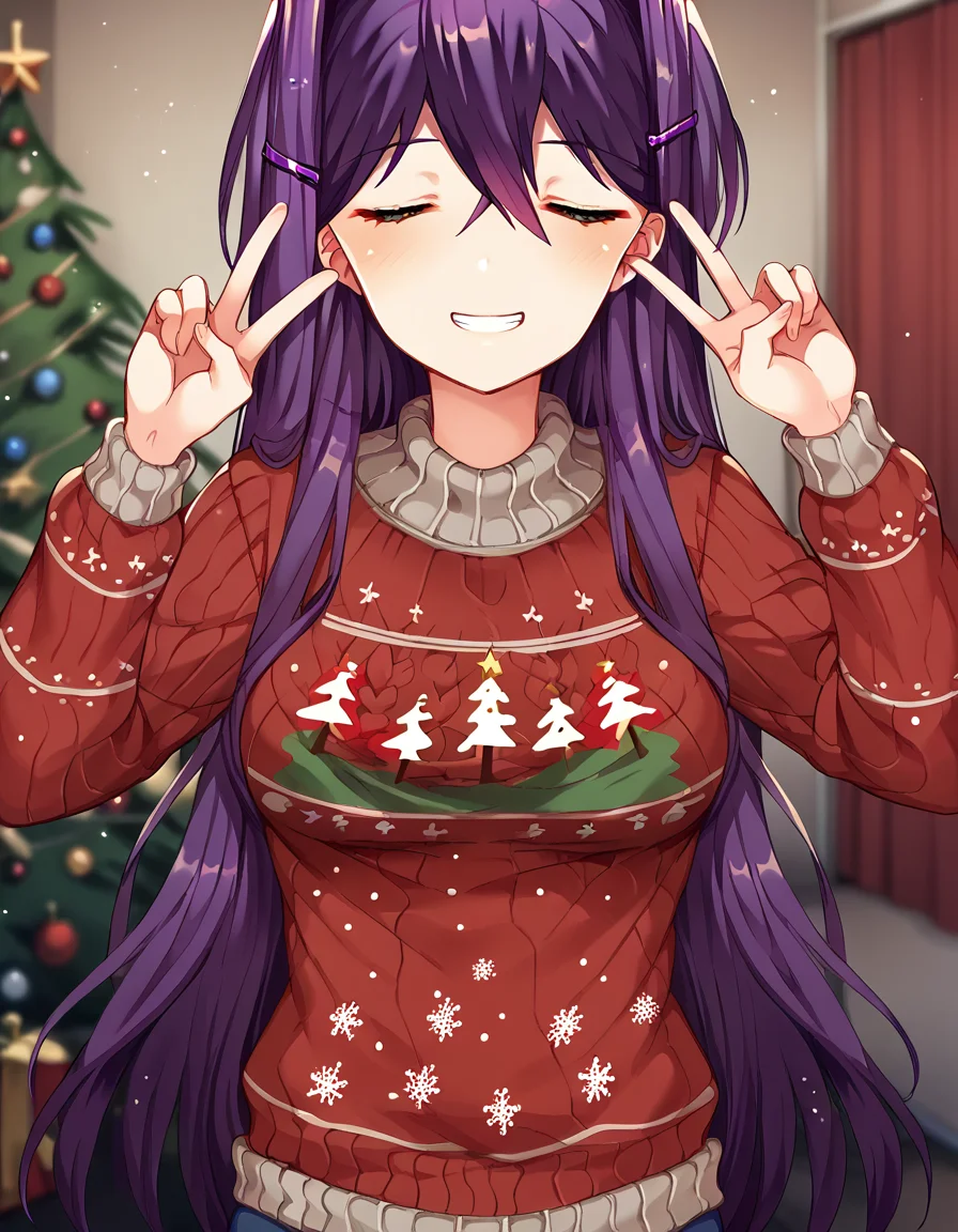 score_9, score_8_up, score_7_up, source_anime, <lora:ddlc-yuri-ingame-ponyxl-lora-nochekaiser:1>, yuri, yuri (doki doki literature club), hair ornament, hairclip, long hair, purple eyes, purple hair, hair intakes, hair between eyes, sidelocks, medium breasts,, <lora:christmas-sweater-ponyxl-lora-nochekaiser:1>, christmas sweater, christmas, ugly sweater, print sweater, red sweater, christmas tree, christmas ornaments, sweater, multicolored sweater, , v, smile, hands up, teeth, closed eyes, cowboy shot,, , dutch angle, cowboy shot