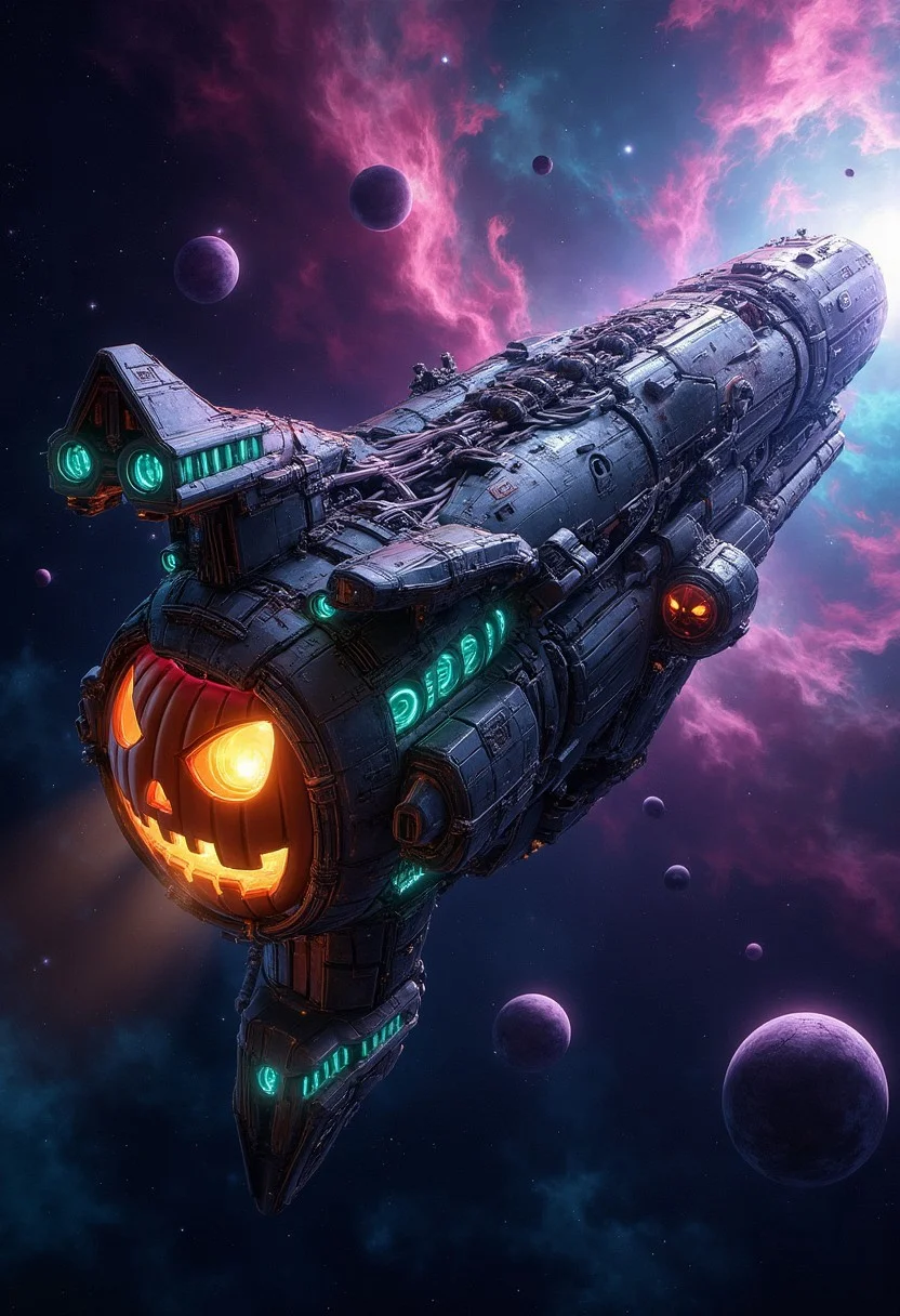 "Illustrate a highly detailed spaceship made entirely from intricately carved pumpkin structures, reimagined with a sci-fi twist. The ship should avoid typical pumpkin colors, instead using metallic silver and dark gray tones, with glowing neon accents in green, purple, and blue that hint at an eerie, otherworldly energy. The structure should have an aggressive, streamlined design with sharp angles, embodying an imposing, powerful appearance. Add spooky Halloween elements seamlessly incorporated into the ship’s architecture: cobweb-like structures stretching between sections, reinforced metallic beams with skeletal, bone-like elements, and small skull motifs embedded in the superstructure.
To enhance the ship's liveliness, include areas lit by internal lights, suggesting activity or life within. In the background, create a vibrant space scene with nearby planets, swirling nebulae in rich colors, and faint stars scattered across a dark, infinite sky. The spaceship should appear both mysterious and intimidating, perfectly blending Halloween spirit with sci-fi elements, as it drifts through the haunting beauty of deep space.