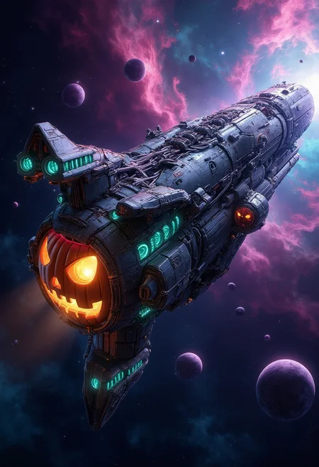 "Illustrate a highly detailed spaceship made entirely from intricately carved pumpkin structures, reimagined with a sci-fi twist. The ship should avoid typical pumpkin colors, instead using metallic silver and dark gray tones, with glowing neon accents in green, purple, and blue that hint at an eerie, otherworldly energy. The structure should have an aggressive, streamlined design with sharp angles, embodying an imposing, powerful appearance. Add spooky Halloween elements seamlessly incorporated into the ship’s architecture: cobweb-like structures stretching between sections, reinforced metallic beams with skeletal, bone-like elements, and small skull motifs embedded in the superstructure.
To enhance the ship's liveliness, include areas lit by internal lights, suggesting activity or life within. In the background, create a vibrant space scene with nearby planets, swirling nebulae in rich colors, and faint stars scattered across a dark, infinite sky. The spaceship should appear both mysterious and intimidating, perfectly blending Halloween spirit with sci-fi elements, as it drifts through the haunting beauty of deep space.