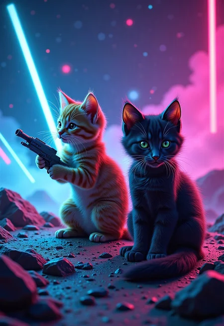 aidmaimageupgrader, a high quality digital Synthwave styled image of Metagalactic Pirate Kittens Battle at the Edge of Time