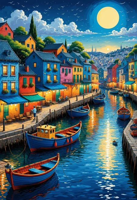 magical masterpiece, Cartoon style fine art photo of boukaabka port,blue fishing boats a city scene,in the style of the snapshot aesthetic,claude monet,impressionism,authentic details,lively coastal landscapes,, ultra quality, ultra detailed. Conceptual, creative, artistic, aesthetic in Harajuku style. Japanese street fashion, eclectic, colorful, anime . Simplified features, exaggerated expressions, bold outlines, vibrant colors, by artists like Charles Schulz, Fantasy cartoon concept art style, cartoon cute digital painting, imaginative, dynamic composition, whimsical expression, adorable, playful character, professional-grade execution, creates immersive world and landscape, brush strokes, detailed panorama blending the pointillism of Seurat with the vivid color palette of Van Gogh, celestial dreamscape, intricate starry sky background