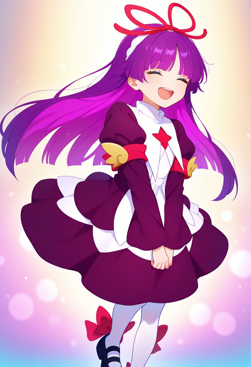 <lora:PFeli_SDXL_Illustrious01_fp16_ver01:1>,PFeli, 1girl, long hair,purple hair, pantyhose, dress,red ribbon, blue eyes, black footwear,long sleeves, red bow,hairband, smile,open mouth,close eyes,, masterpiece, best quality, very aesthetic, absurdres,<lora:detailed_hands:1>,hand