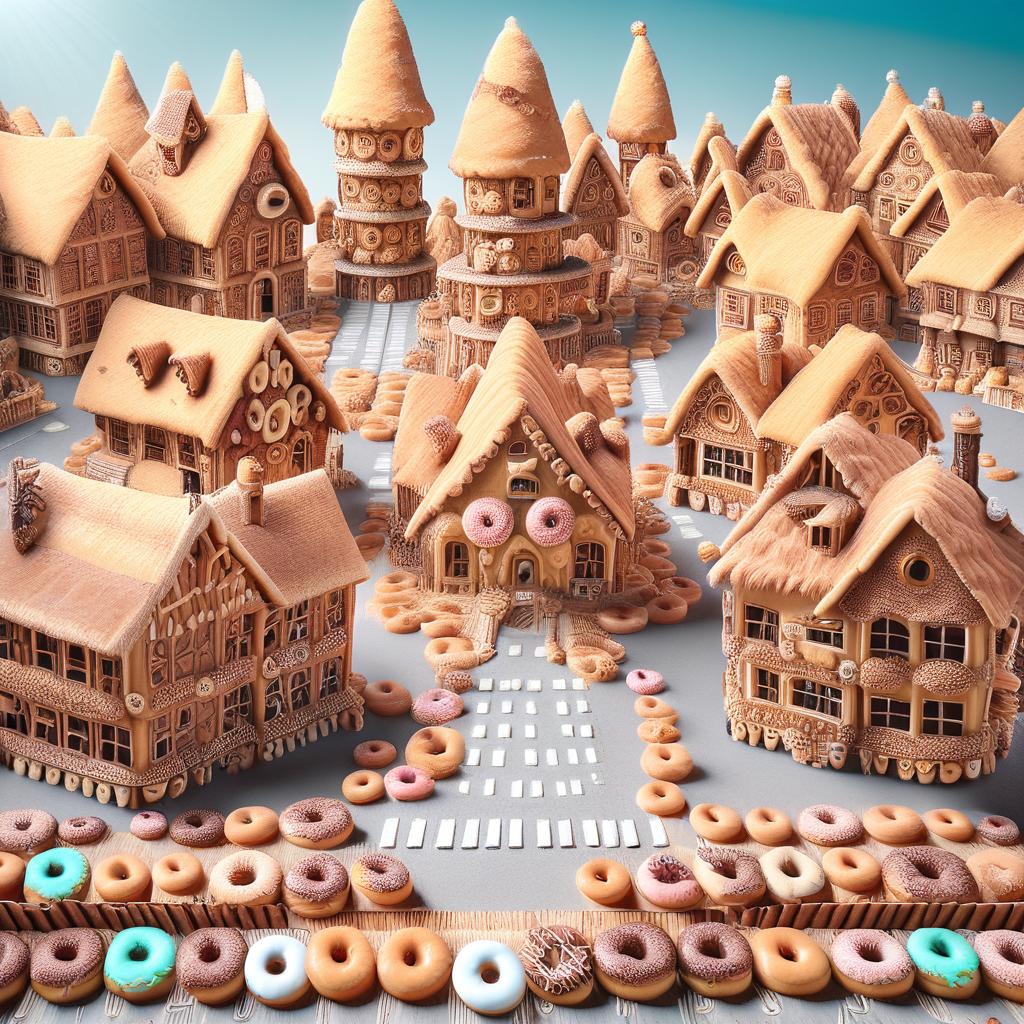 d0nu71f13d, village, town, building, made of doughnuts