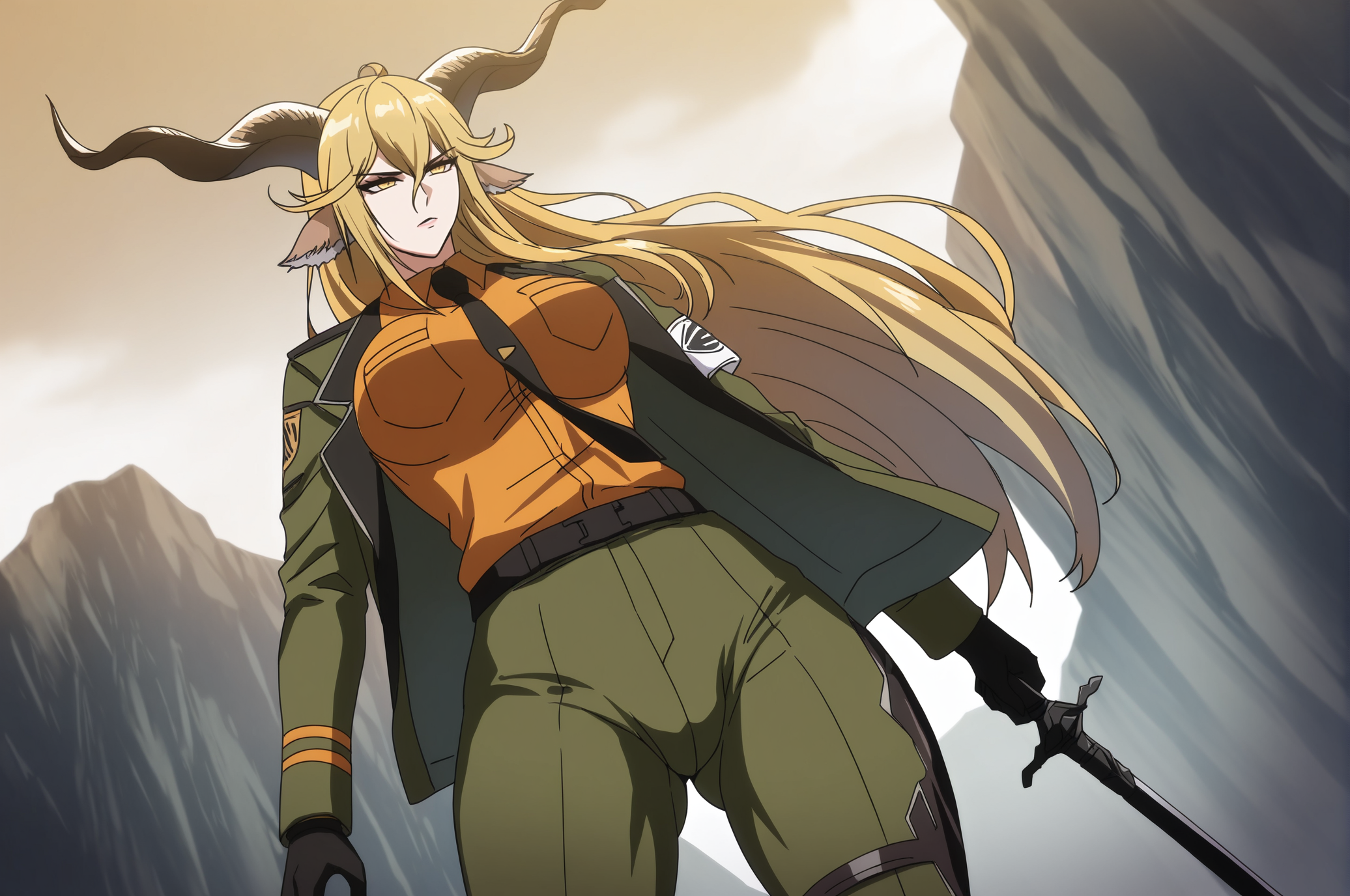 degenbrecher (arknights),1girl,animal ears,armband,black necktie,blonde hair,breasts,brown horns,goat ears,goat girl,goat horns,green pants,holding,holding sword,holding weapon,horns,jacket,kjerag logo,long hair,military jacket,mountain,necktie,orange shirt,pants,shirt,sword,weapon,white armband,
<lora:taimanin_anime_style:1>,taimanin_anime_style,masterpiece,best quality,cowboy shot,mature female,dutch angle,curvy,thicc thighs,cleft of venus,venus body,