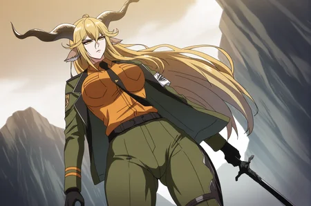 degenbrecher (arknights),1girl,animal ears,armband,black necktie,blonde hair,breasts,brown horns,goat ears,goat girl,goat horns,green pants,holding,holding sword,holding weapon,horns,jacket,kjerag logo,long hair,military jacket,mountain,necktie,orange shirt,pants,shirt,sword,weapon,white armband,
<lora:taimanin_anime_style:1>,taimanin_anime_style,masterpiece,best quality,cowboy shot,mature female,dutch angle,curvy,thicc thighs,cleft of venus,venus body,