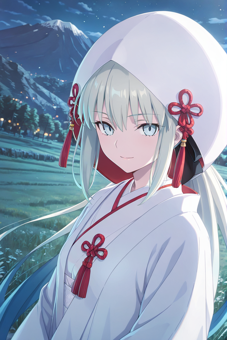 morgan le fay \(fate\),(cinematic_angle:1.2),looking_at_viewer,depth of field,(fgo spring2025 newmaster promostyle),<lora:FGO Spring2025:0.8>,blurry,night,(uchikake:1.2),mountain,grassland,outstretched_arms,light smile,close-up,, masterpiece,best quality,amazing quality,