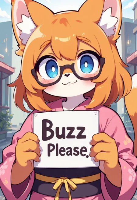 a female furry orange striped anthro tabby girl wearing glasses stands holding a sign that says "Buzz Please". She stands in a stiff posture. Her blue eyes are blank and empty as if she is hypnotized. Her mouth is slightly open, with a little drool coming dribbling out. She is wearing a very pretty pink kimono. Her ears are cat ears. Her tail is relaxed. She has medium size breasts and a slim feminine body.