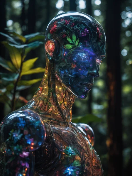high detailed professional upper body photo of a transparent porcelain android looking at viewer,with glowing backlit panels,anatomical plants,dark forest,night,darkness,grainy,shiny,intricate plant details,with vibrant colors,colorful plumage,bold colors,flora,contrasting shadows,realistic,photographic,