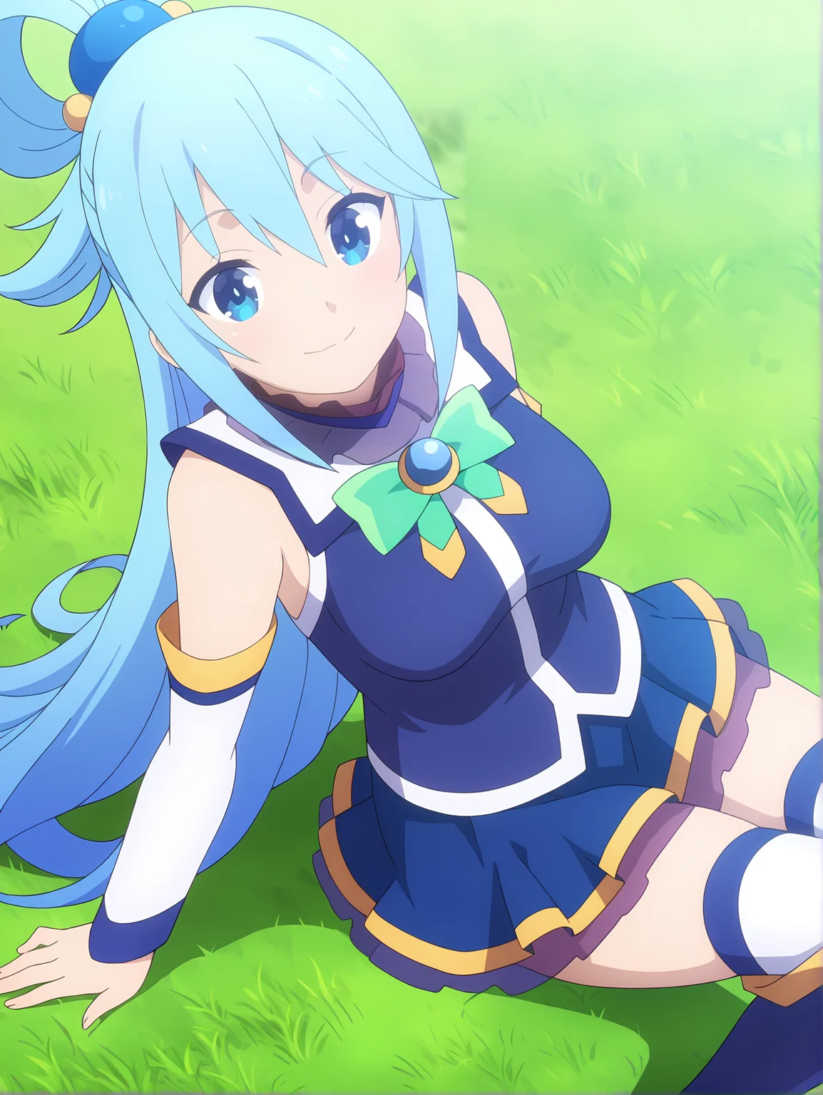 <lora:Aqua:0.8>, aqua, 1girl, solo, blue eyes, long blue hair, ahoge, looped side ponytail, hair ring, frilled high collar, bare shoulders, detached white sleeves, green chest bow, blue shirt, blue miniskirt, white thighhighs, blue boots, smile, calm, wide eyes, closed mouth, sitting on grass, resting pose, knees up, looking at viewer, upper body, cropped legs, high angle, grass field, sunny
