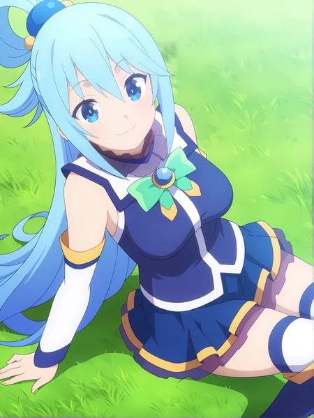 <lora:Aqua:0.8>, aqua, 1girl, solo, blue eyes, long blue hair, ahoge, looped side ponytail, hair ring, frilled high collar, bare shoulders, detached white sleeves, green chest bow, blue shirt, blue miniskirt, white thighhighs, blue boots, smile, calm, wide eyes, closed mouth, sitting on grass, resting pose, knees up, looking at viewer, upper body, cropped legs, high angle, grass field, sunny