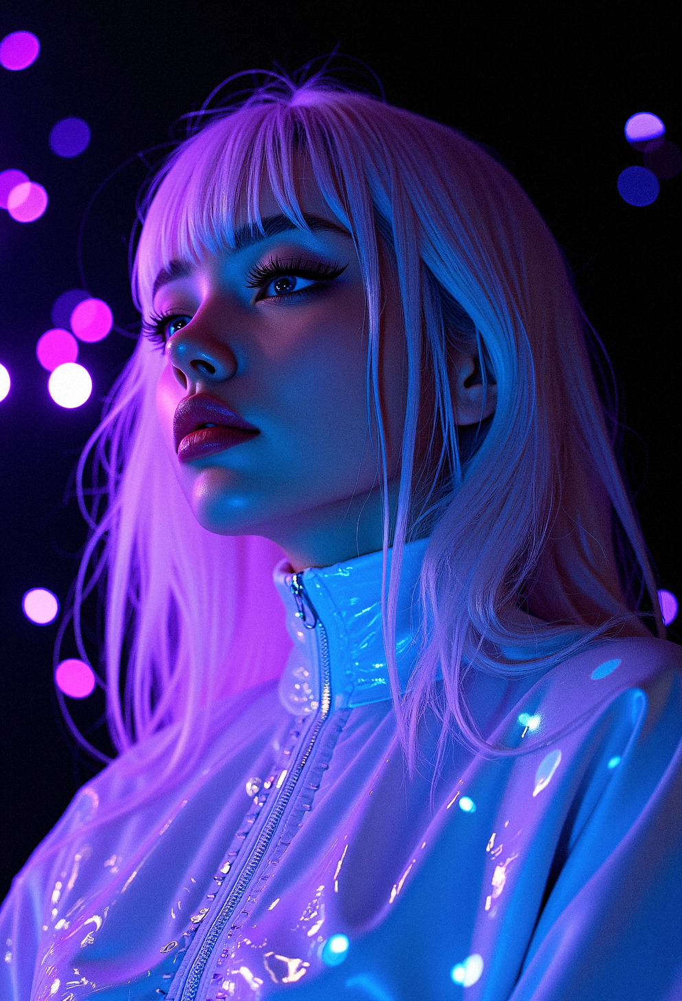 A face close-up of a cosmic beauty with asymmetrical hair,  with luminescent hair and reflective clothing,  in a dark, mystical background with shimmering light patterns accentuating her form.Soft, diffused lighting that highlights the glow in her hair.Cosmic particles illuminated by soft light swirls around her.Color-shifting light that transitions between purple, blue, and white around her.A glossy, high-tech fabric that reflects both the light and shadows around her.Semi-transparent glowing threads weaved throughout the outfit.Detailed cosmic embroidery that catches the light and glows softly. dynamic pose, 









































