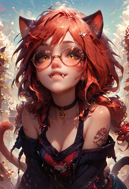 score_9, score_8_up, score_8, score_9, glasses, tattoo, choker, red bow, freckles, piercing, cat ears, tail, cat paw, red bow on hair, cat girl, fangs, nekomiyahinata, perfecteyes