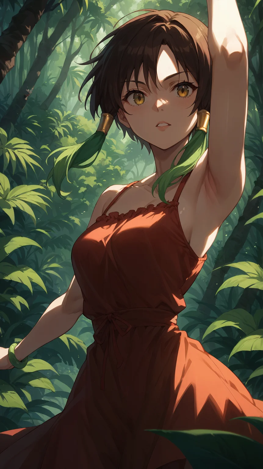 score_9,score_8_up,score_7_up,score_6_up, <lora:xl_more_art-full_v1:0.5>, source_anime, woman, dynamic pose, __Pose, <lora:Towa - Pony:0.8>, short hair, brown hair, green tips, colored tips, multicolored hair, hair tubes, red sundress, tropical forest, summer vacation,