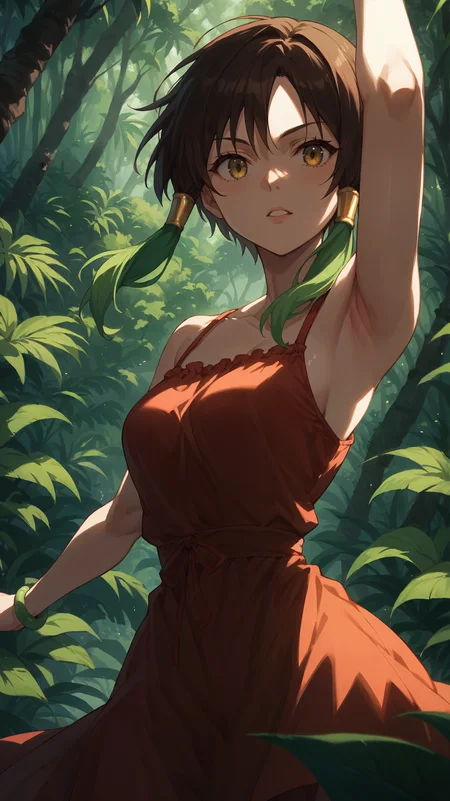 score_9,score_8_up,score_7_up,score_6_up, <lora:xl_more_art-full_v1:0.5>, source_anime, woman, dynamic pose, __Pose, <lora:Towa - Pony:0.8>, short hair, brown hair, green tips, colored tips, multicolored hair, hair tubes, red sundress, tropical forest, summer vacation,