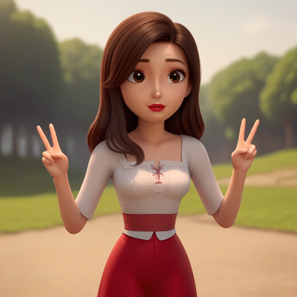 score_9_up, score_8_up, BREAK, snowwhite, 1girl, solo, brown hair, long hair, brown eyes, lipstick, white shirt, red skirt, cowboy shot, double v, <lora:SnowWhite_RedShoes_PXL_Leaf1:1>, outdoors, depth of field,