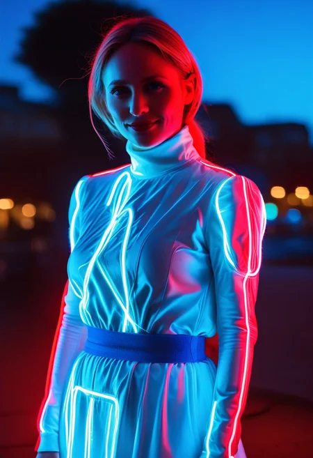 neon, wires, made of wires, cables, outlined with wires and neon, neon outlines, wire sculpture, neon wire sculpture, European women, Large breasts, long hair, blond hair, older female, score_9, score_8_up, score_7_up, score_6_up, score_5_up, score_4_up, close up, face focus, upper body, semi side view, UHD, 8K, masterpiece, detailed, ultra_high_resolution, lots of detail, OverallDetailXL, detailxl, regalres, Masterpiece, 32k, photorealistic:1.4, (small waist:2.9), fitness body, toned muscles, wide hips, slender legs, high cheekbones, oval face, 27 years old, mature female, milf, makeup, curvy, pretty face, SUPERMODEL, jewelry, solo, big bright eyes, beautiful natural eyes, fully dressed, high turtle neck, outdoors, hands hidden, short sleeves, hands behind the back, wrinkles, blonde, smiling, 1girl, blue eyes, closed dress, high neck closure, fully dressed, long dress, (neon red:2.4), (neon blue:2.4), gentle smile,closed mouth, end_tripwire_morph, night, moon, city, playground, (neon:2.8), aqua \(kingdom hearts\), halterneck, (neon criss-cross straps:1.4), elbow gloves, gloves, overskirt, long pants under skirt, long sleeves, puffy sleeves.