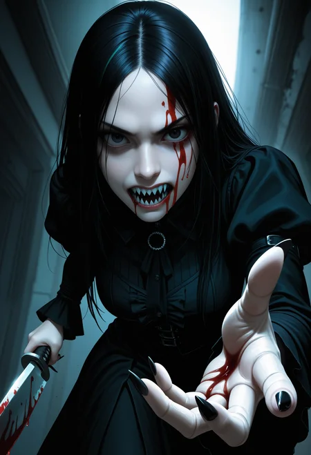 macabre style textured painterly sketch, heat, detailed eyes, 1girl, solo, punisher, sharp teeth, blood on face , long black nails, sharp fingernails, perspective, reaching, foreshortening, long knife, masterpiece, best quality, amazing quality, dynamic pose, dutch angle shot . dark, gothic, grim, haunting, highly detailed