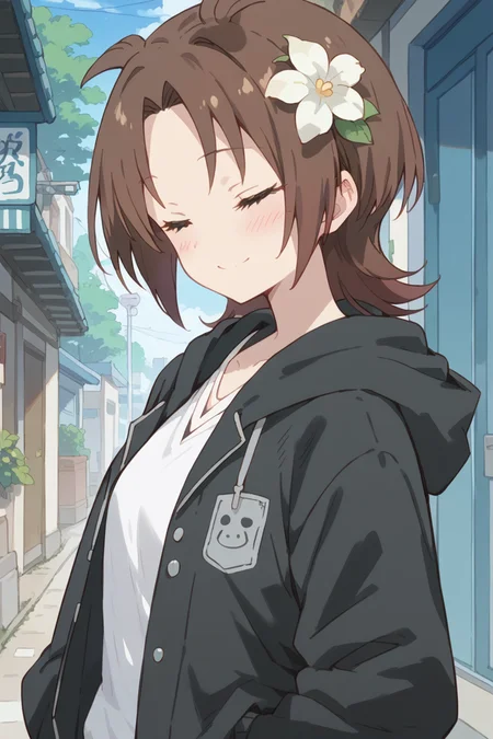score_9, score_8_up, score_7_up, score_6_up,
 <lora:Yuzu_Iizuka:1> yuzu, closed eyes, brown hair, smile, hood, hair flower, hoodie, 1girl, jacket, blush