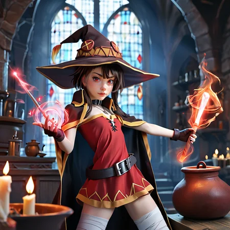 score_9. score_8_up, score_7_up, score_6_up, score_5_up, score_4_up,
<lora:Megumin_Pony:1> , Megumin, short_hair, sidelocks, brown_hair, red_eyes,