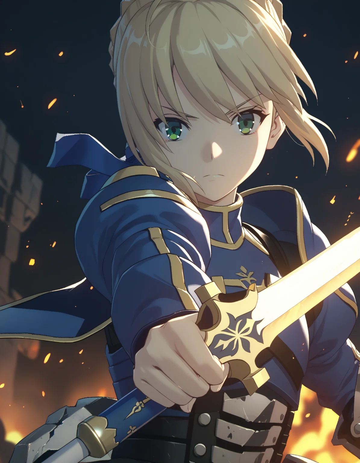score_9,  score_8_up, score_7_up, <lora:zzz-pack-v5-ponyxl-000030:0.9> 1girl, solo,
saber, armor, artoria pendragon \(fate\), excalibur \(fate/stay night\), embers, rubble, night, outdoors, close-up