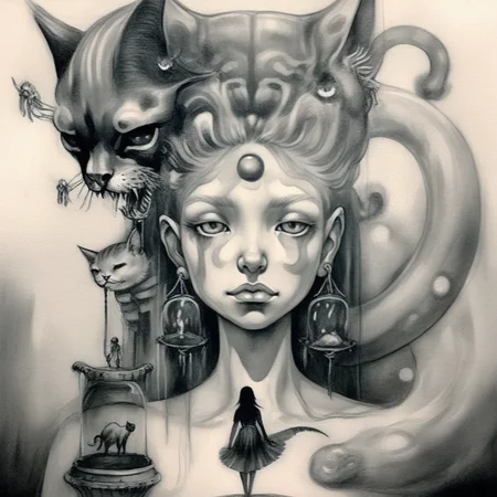 absurda error sketch pirate girl and cat enigmatic dreamscape surrealistic <lora:absurda:1>