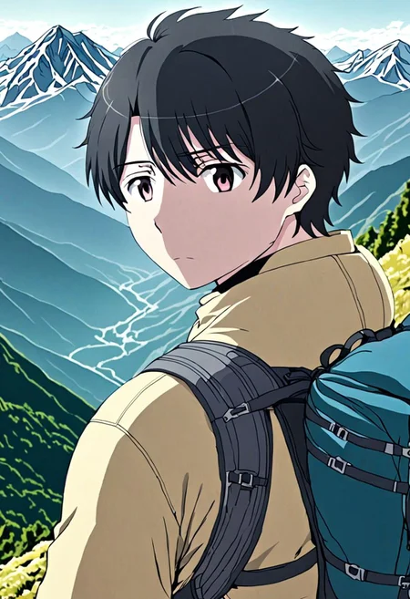 high resolution, solo, best quality, 1Boy, Inaho Kaizuka, Black Hair, landscape, upper body, look at the view behind, upper body, high mountain, hiking gear, OverallDetail