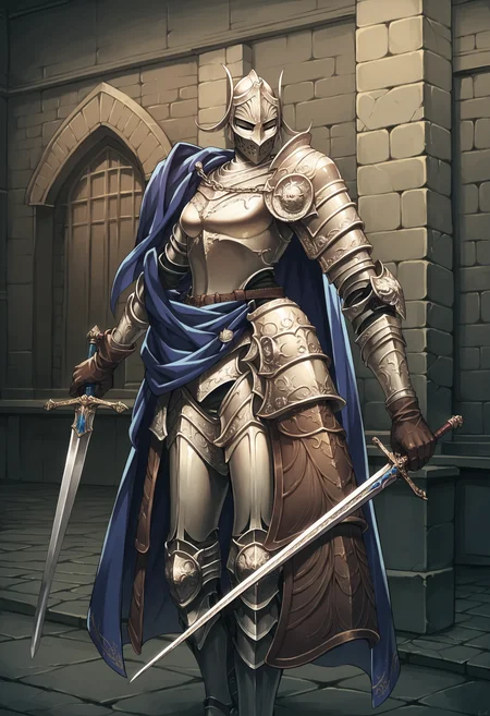 score_9, score_8_up, score_7_up, score_6_up, score_5_up, score_4_up, <lora:Rellana:0.7> 1girl, armor, full armor, shoulder armor, helmet, gauntlets, knight, faceless, cape, front view, holding, sword,
castle background, wall,