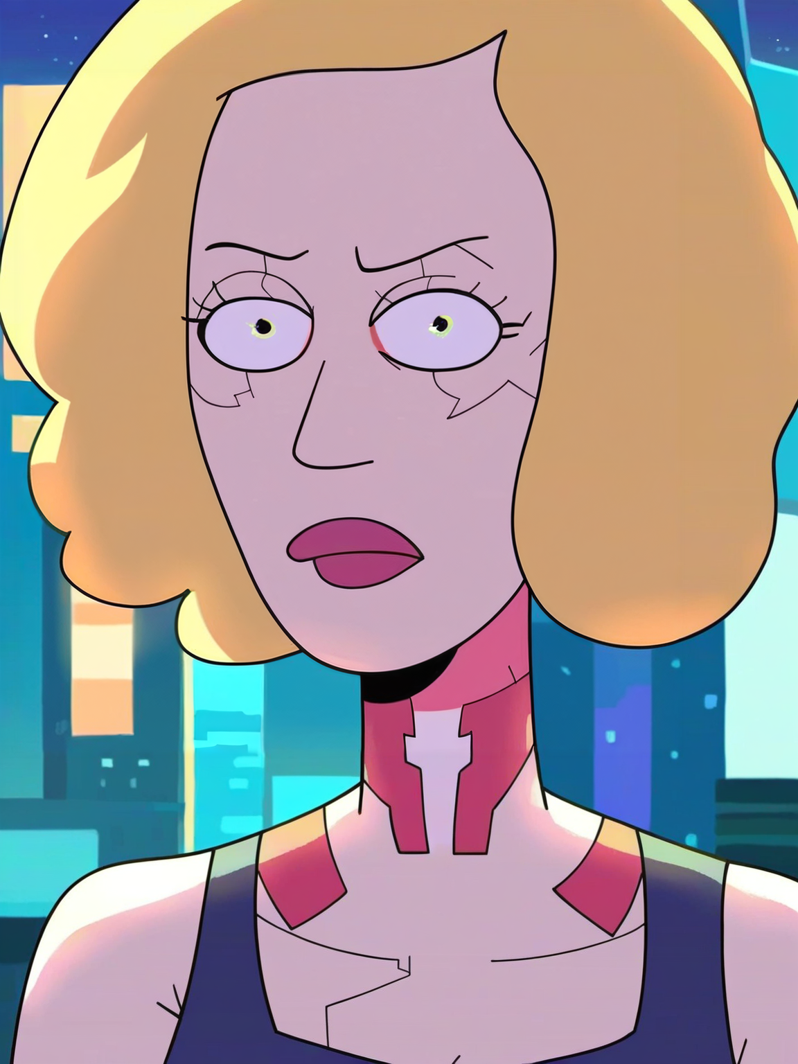 <lora:Beth_SmithV2:0.8> b_s, 1girl, blonde hair, pupils black dots, red lips,   ((cyberpunk outfit)), night city background, score_9, score_8_up, score_7_up,